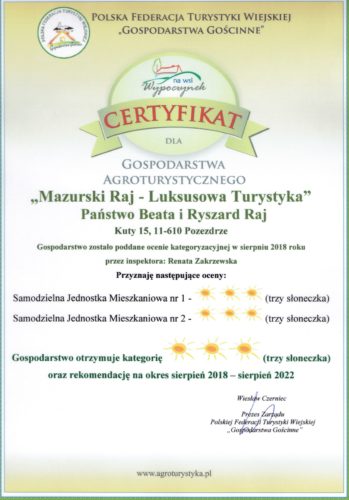 Certyfikat dla Gospodarstwa Agrotustystycznego